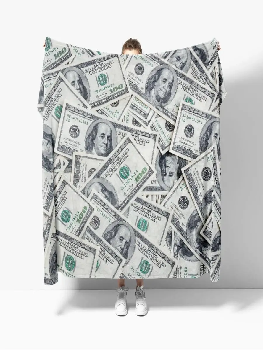 US Dollar Banknotes Benjamin Franklin  Dollar Throw Blanket Cozy Soft Lightweight Warm Flannel Blankets for Parties and Home Dec