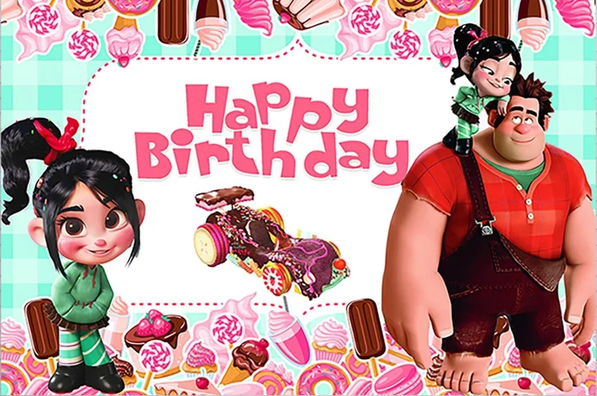 خلفية وردية للزينة حفلة عيد ميلاد ، حطام ذلك رالف راية ، الأميرة Vanellope خلفية الصورة ، لوازم الحفلات