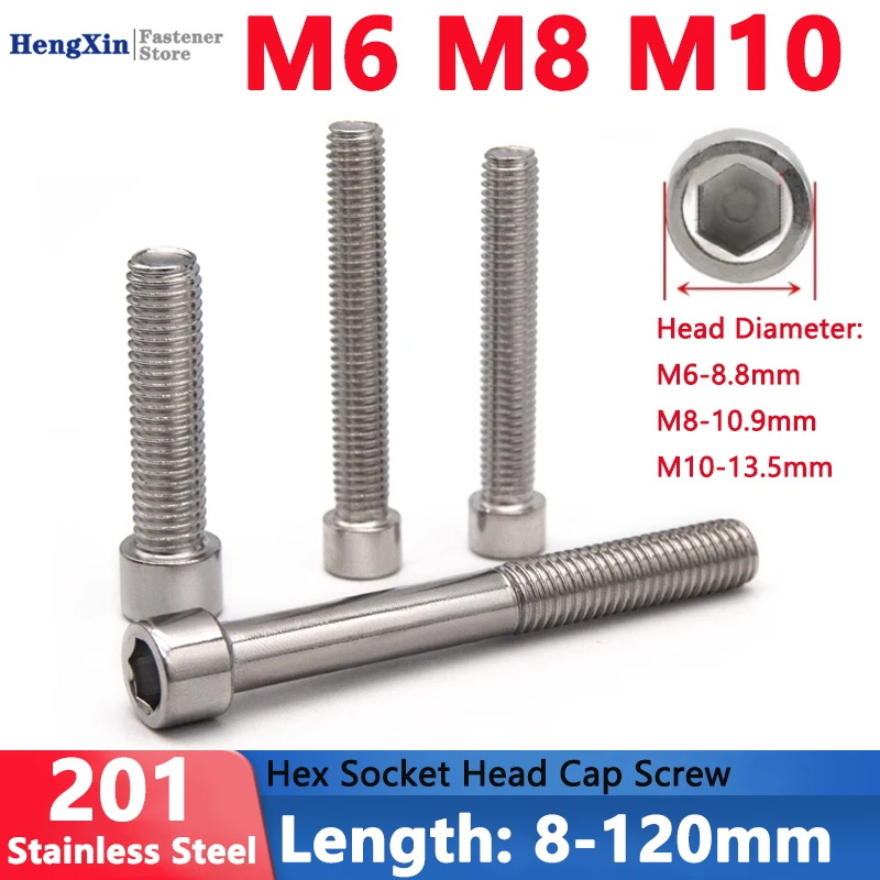 M6 M8 M10 201 Stainless Steel Small Hexagon Socket Head Cap Screw Bolt Narrow Outer Diameter Thin Head Rod Length 8-120mm