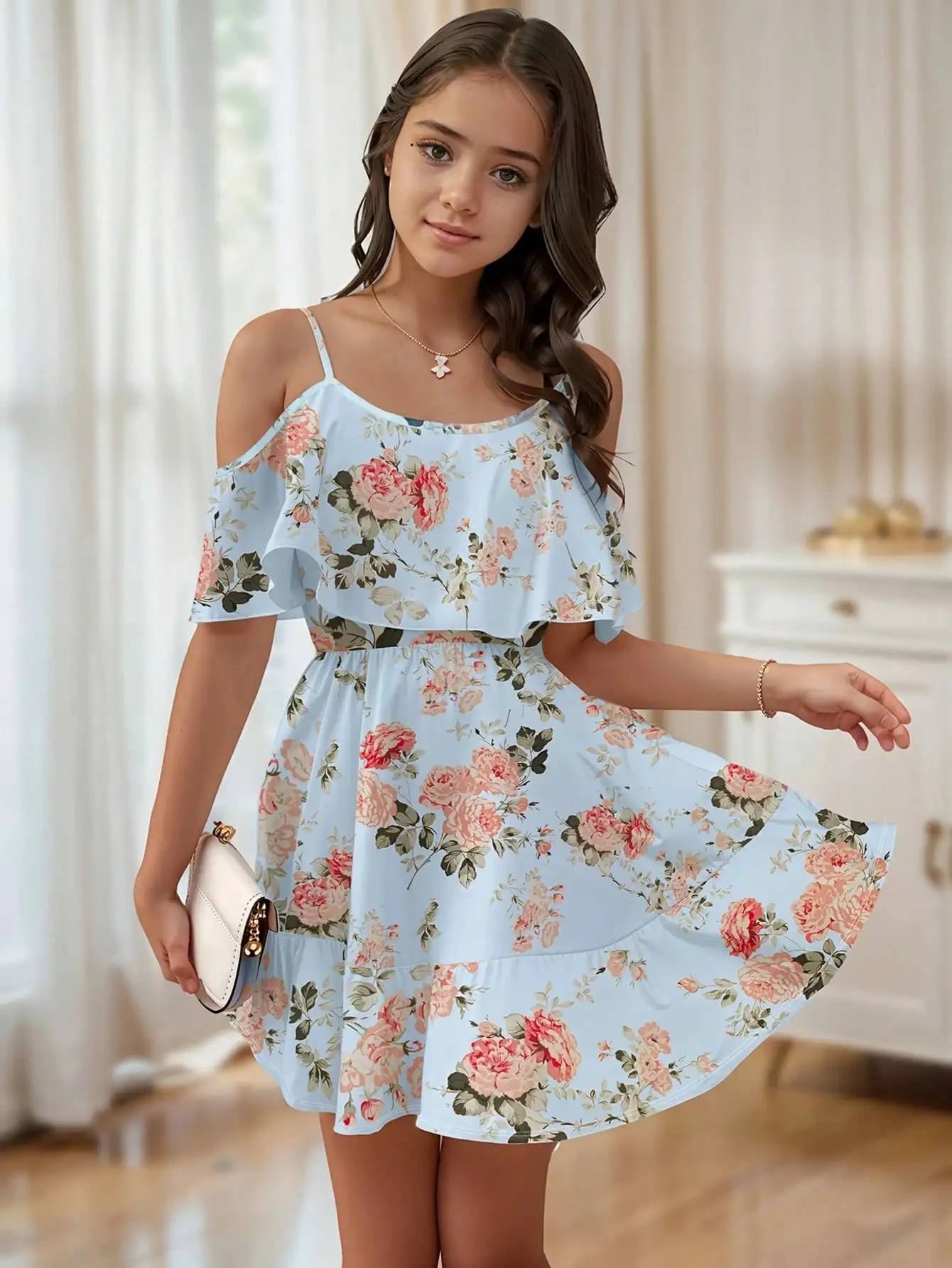 2026 Girls' Casual Elegant New Boho Flower Printed Strap One Collar Ruffle Edge Off Shoulder Dress Medium Long Dress