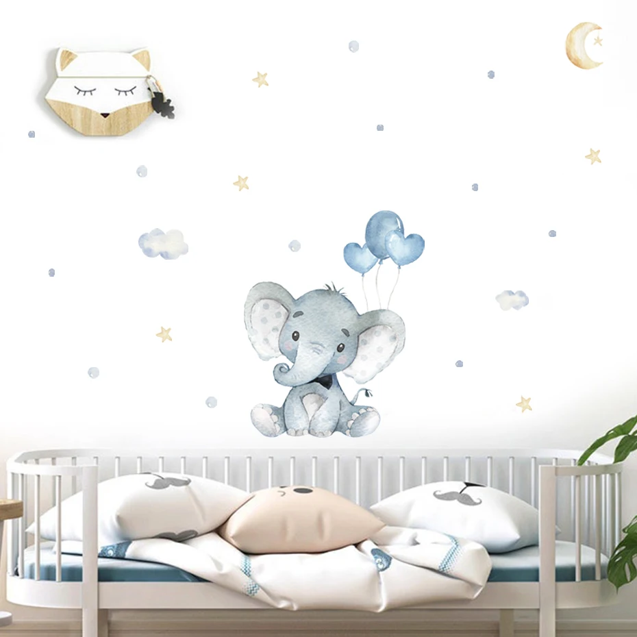 Cartoon Elephant Blue Balloon Watercolor Wall Stickers Removable Nursery Wall Decals Print Kids Baby Room Interior Home Decor