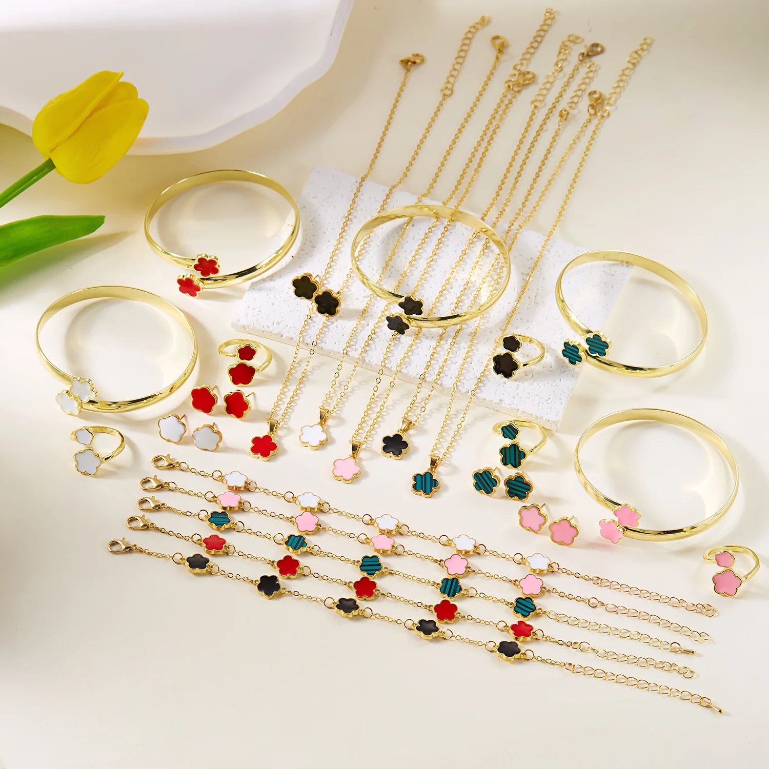 5 PCS Five Leaf Flower Combination Jewelry Set For Women Good Luck Earrings Ring Necklace Bracelet Bangle Daily Party Jewelry