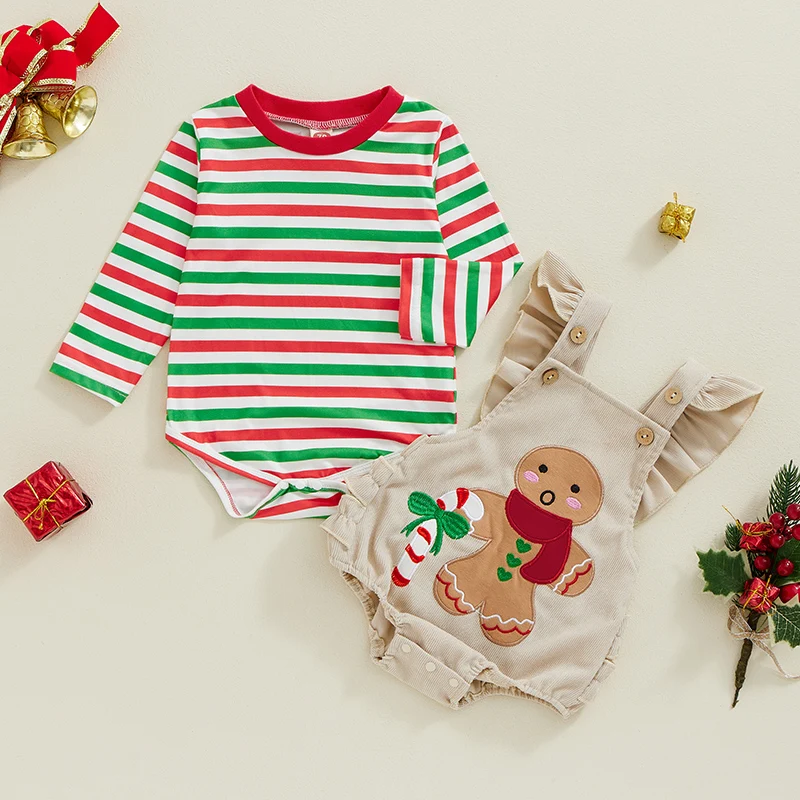 Suefunskry Baby Boy Girl Christmas Outfit, Long Sleeve Striped Romper with Embroidery Cartoon Biscuit Man Overalls Cute Set