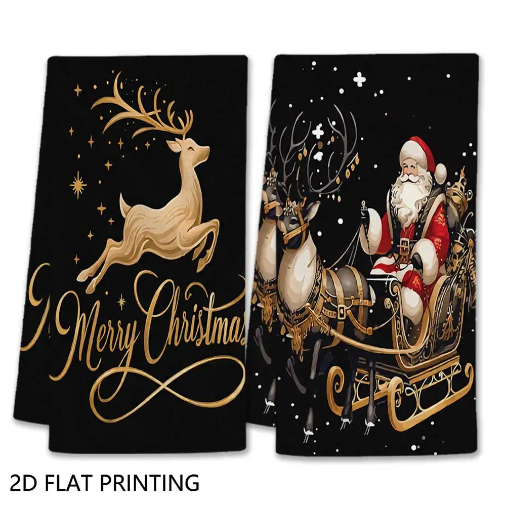 Jit 2pcs Christmas Santa Sleigh Reindeer Pattern Dish Towels For Xmas Fans Kitchen Holiday Decor