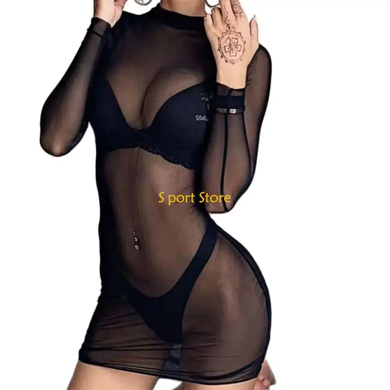 فستان نسائي طويل الأكمام لتغطية الشاطئ من U2JB، فستان شفاف لملابس السباحة