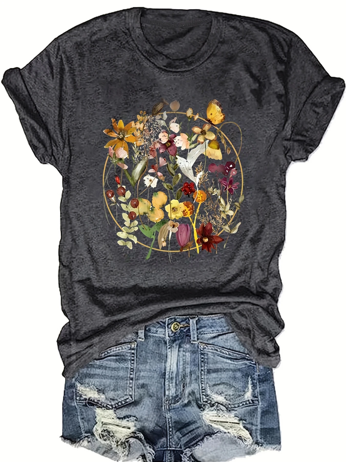 flower print t-shirt, short sleeve crew neck casual top for summer & sprng, women\'s clothing