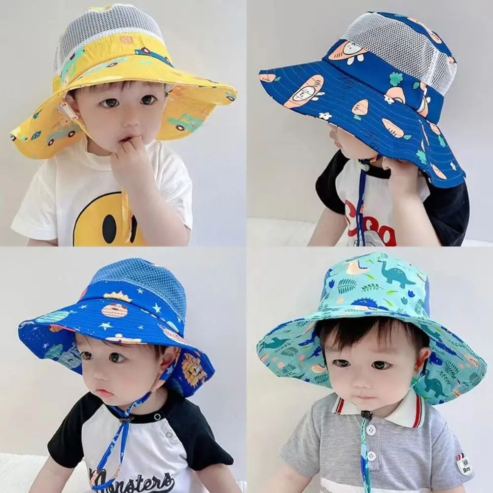 

Cartoon Print Baby Sunshade Hat New Wide Brim Breathable Sunshade Hat Mesh Kids Fisherman Hat