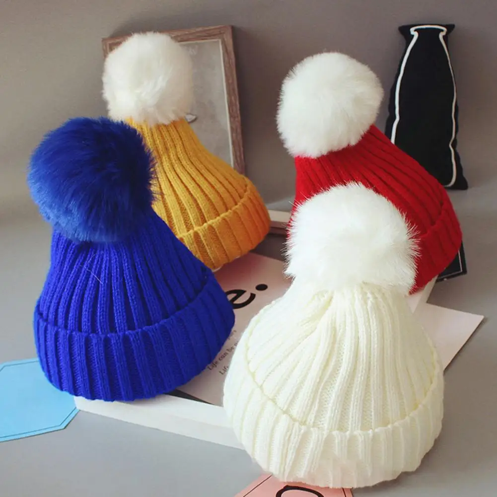 4-8Y Winter Children Knitted Hat Thickened Faux Fur Ball Decor Unisex Hat Solid Color Warm Outdoor Headwear For Colid Weather