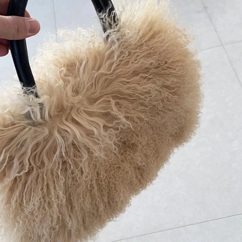 Women Real Mongolian Fur Bag Australian Beach wool fur Shoulder bag Ladies Tibetan Lamb fur wrist bag