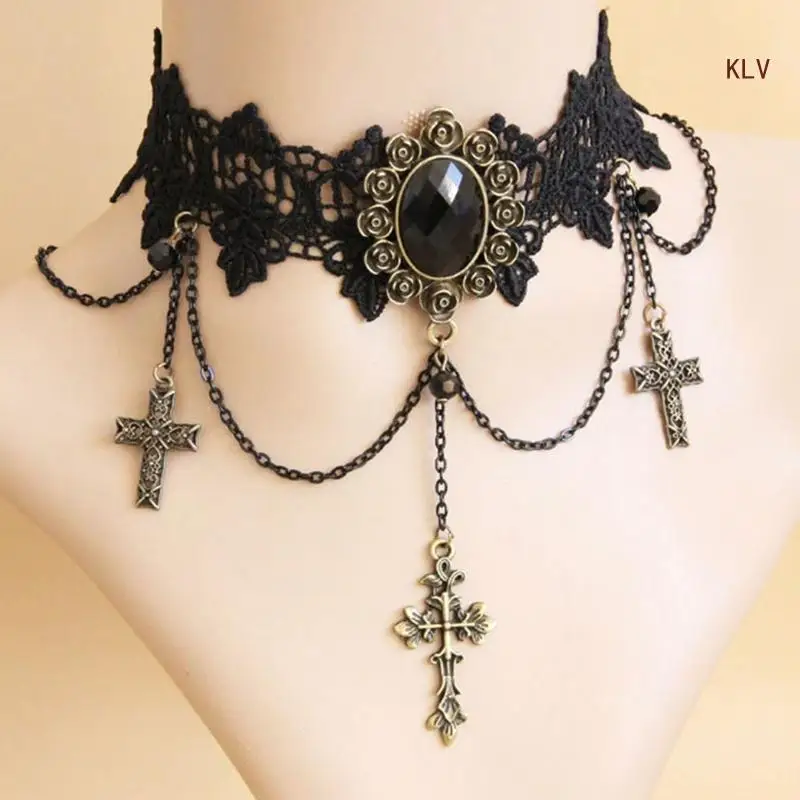 

Adjustable Lace Choker Collar Gothic Necklace with Crucifix Crystal for Women Halloween Party Custume Vintage Choker