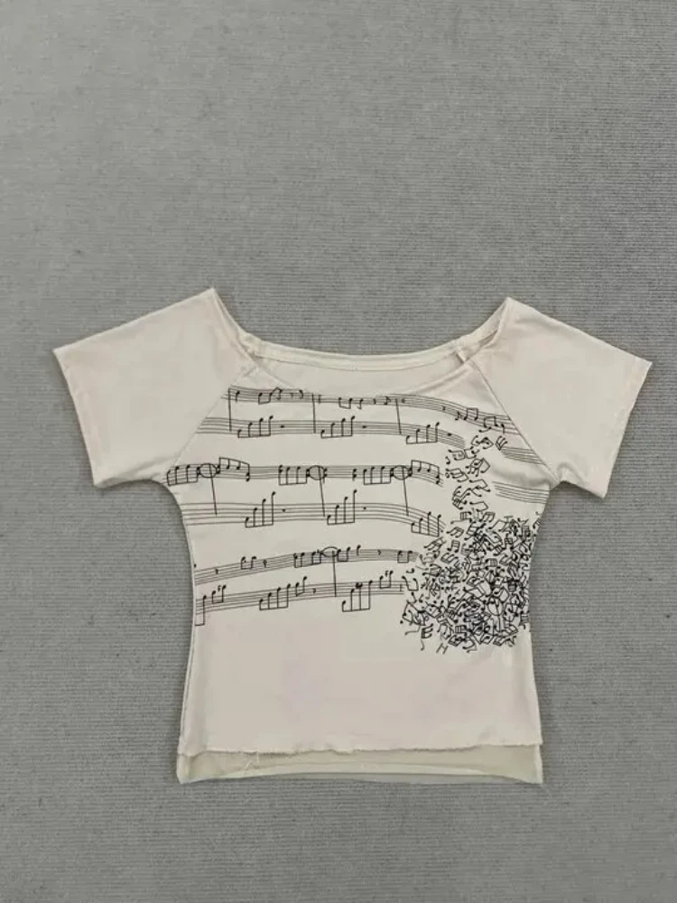 

Women's Mesh Splicing Slim Spicy Girl Short Sleeved Tops Light Asian Style Melody Five Tone Sheet Printing One Shoulder T-shirts