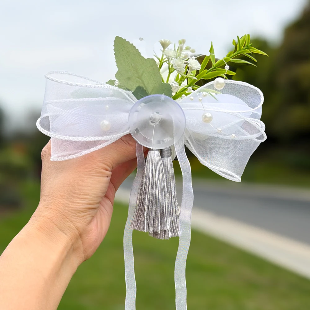 White Rose Wedding Rearview Mirror Decor Flower, With Tulle Bow, Pearls, Tassels And Green Leaves,For Wedding Car ,Chair Decor view 3