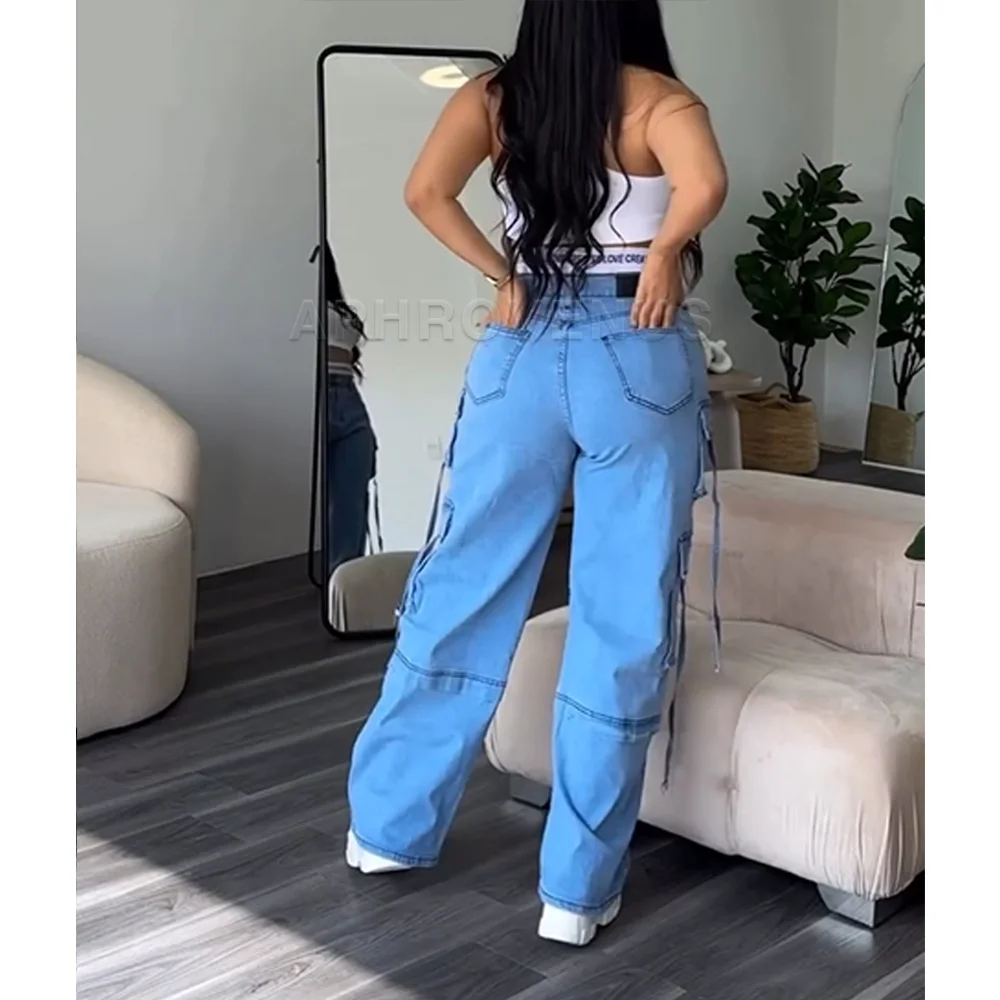 Denim Straight Jeans Wide Leg Women High Waist Loose Pants Y2K Trousers Hip-hop Streetwear Waist Colorblocked Design Loose Jeans