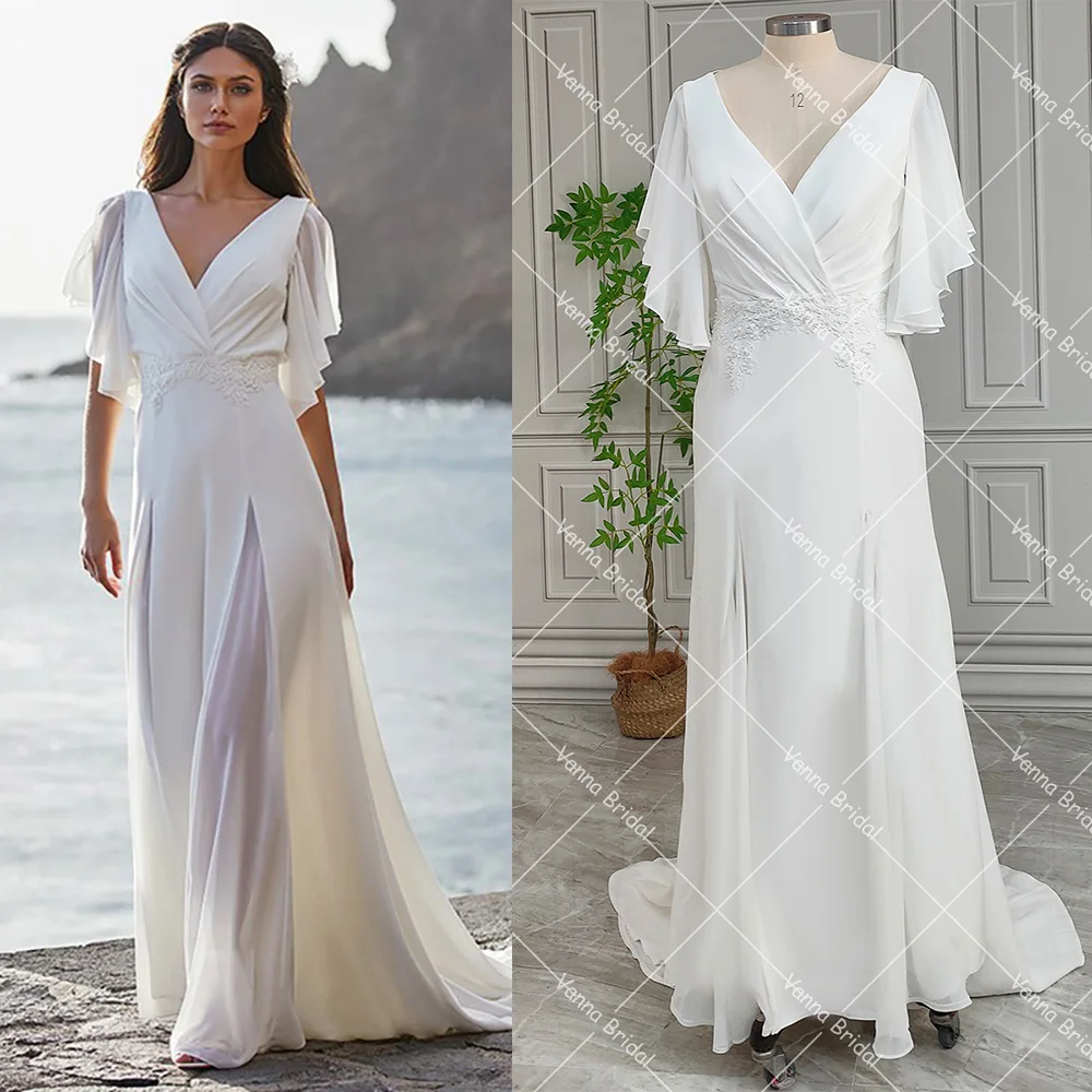 Customized Chiffon High Split Long V Neck Bridal Gown Backless Short Flutter Sleeves Beach Plus Size Boho Keyhole Wedding Dress