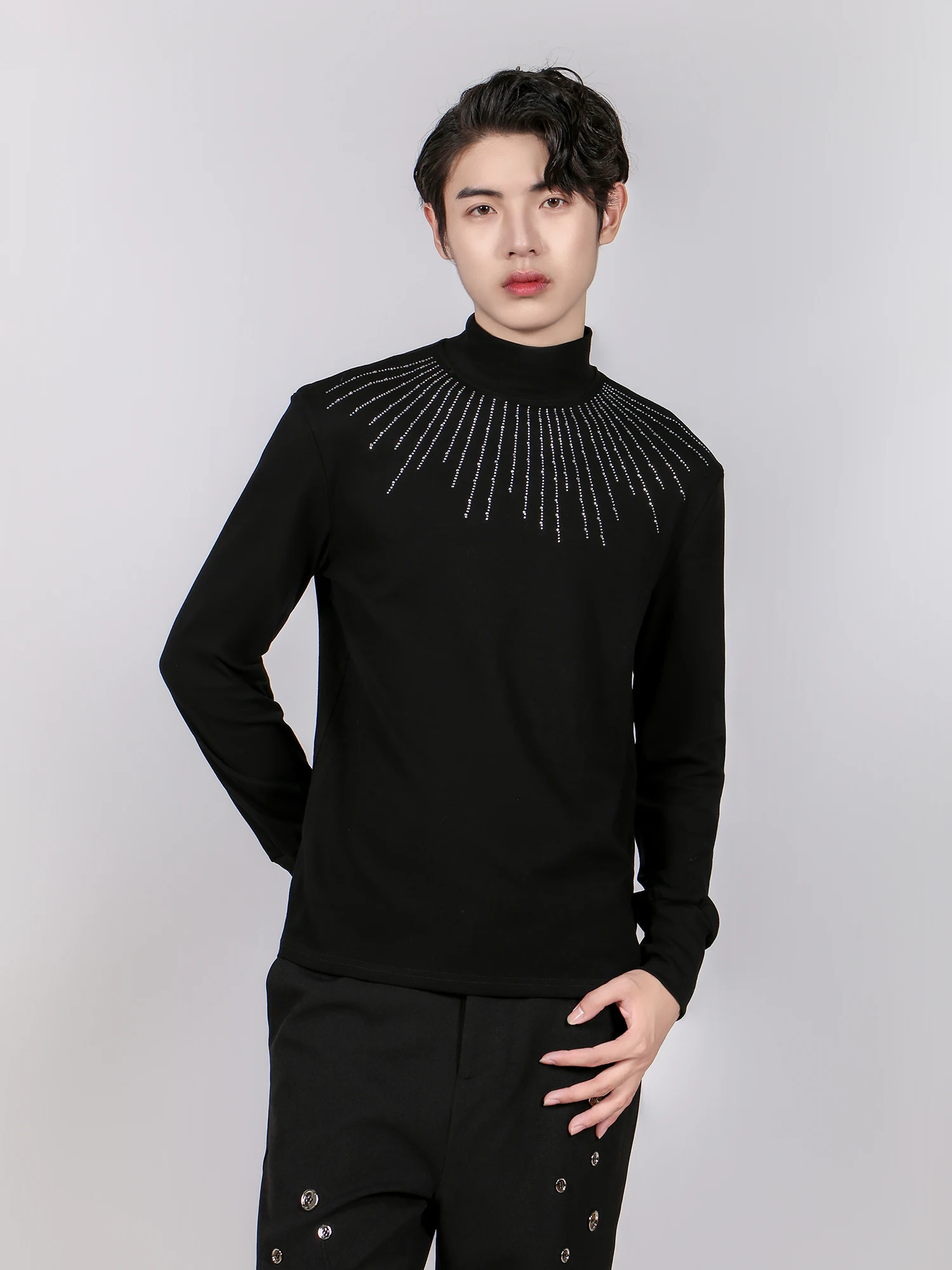 Male Black Semi-turtleneck Long-sleeve T-shirts Men's 2024 Autumn New High-end Hot Diamond Trendy Tees Versatile Bottoming Shirt