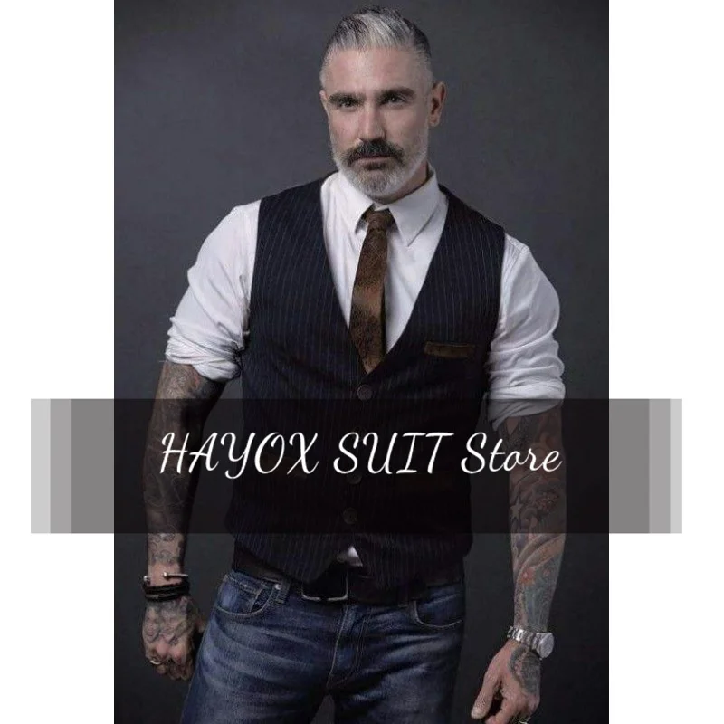 

Men's Vest Stripe Fashion V Neck Slim Fit Sleeveless Suit Casual Business Tops Single Breasted Tops 2023