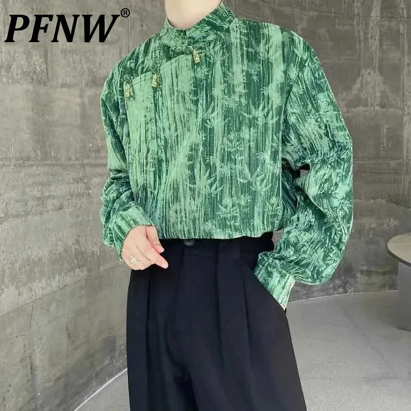 

PFNW Men's Fashion Pleated Shirts Standing Collar Long Sleeve Printing Casual Tops Niche Design Loose Chinese Style New 9C2910