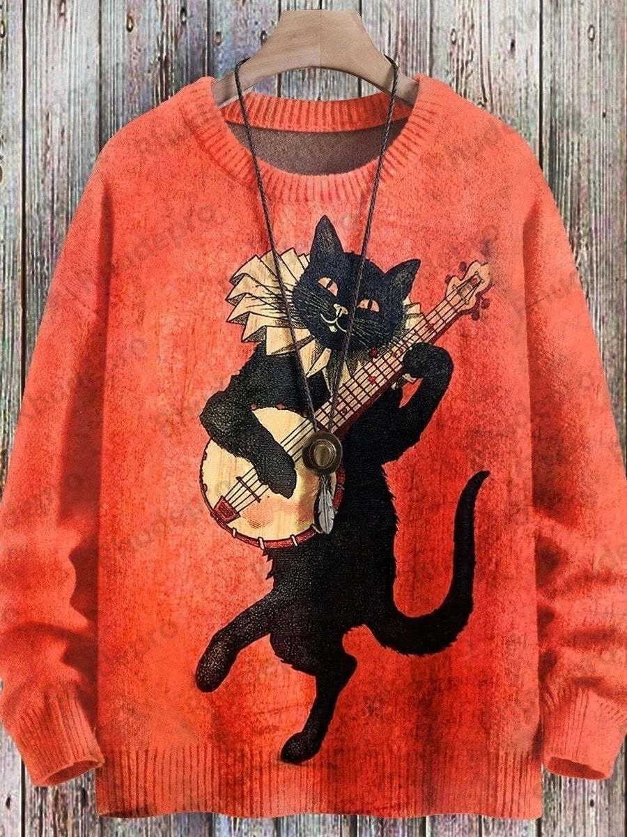 Halloween Ghost Swing & Pumpkin Cat Pattern 3D Printed Men's Knitted Pullover Winter Unisex Casual Knit Pullover Sweater