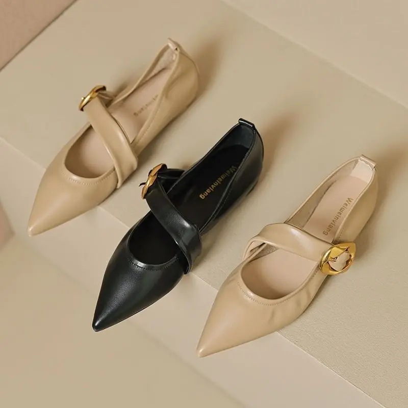 

2024 New French Evening Single Soft Sole Soft Leather Pointed Flat Boat Evening Black Mary Jane Shoes Sneaker