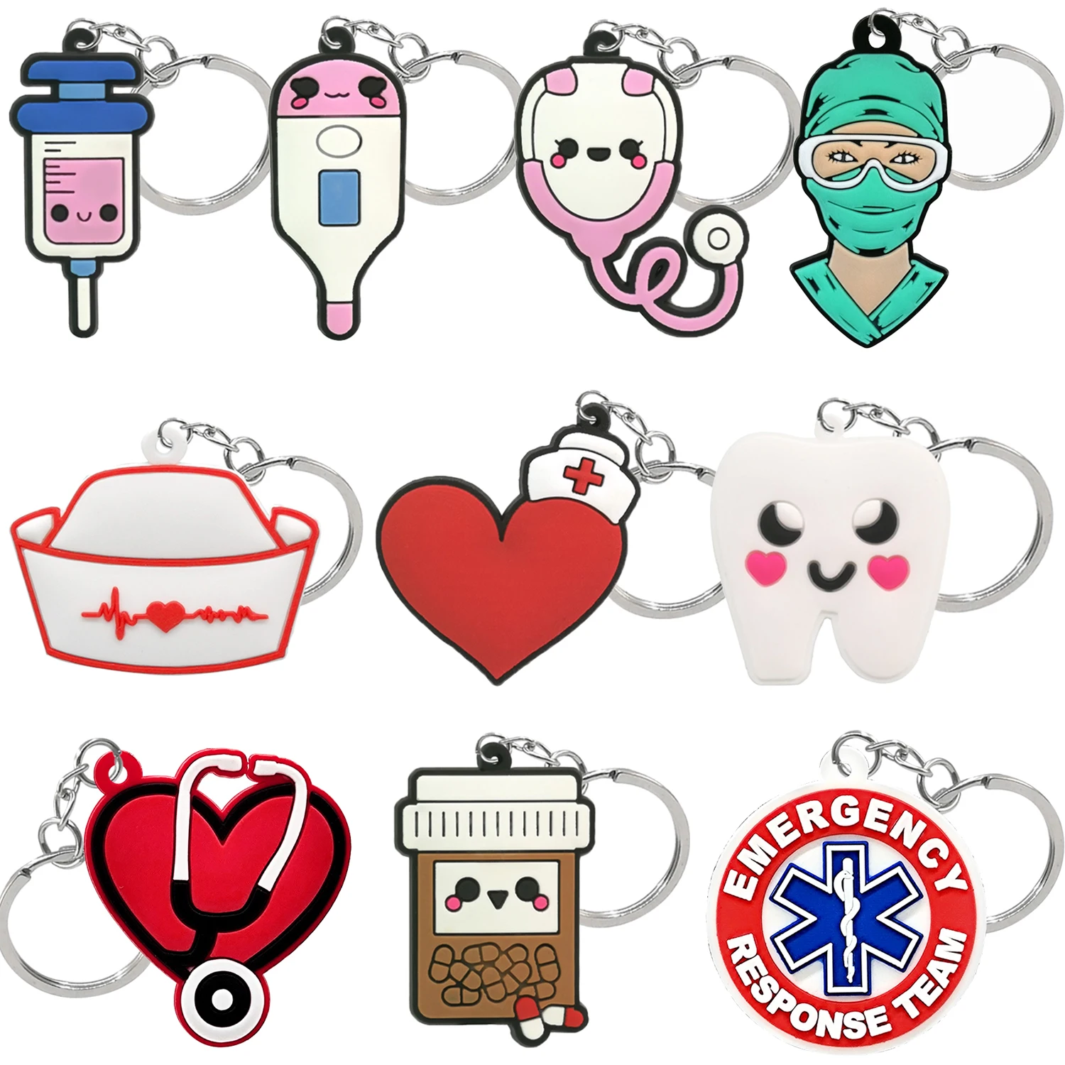 1/10pcs PVC Medical Style Key Chain Accessories Nurse Hat Uniform Teeth Keyring Syringe Thermometer Fashion Kyechain for Car Bag