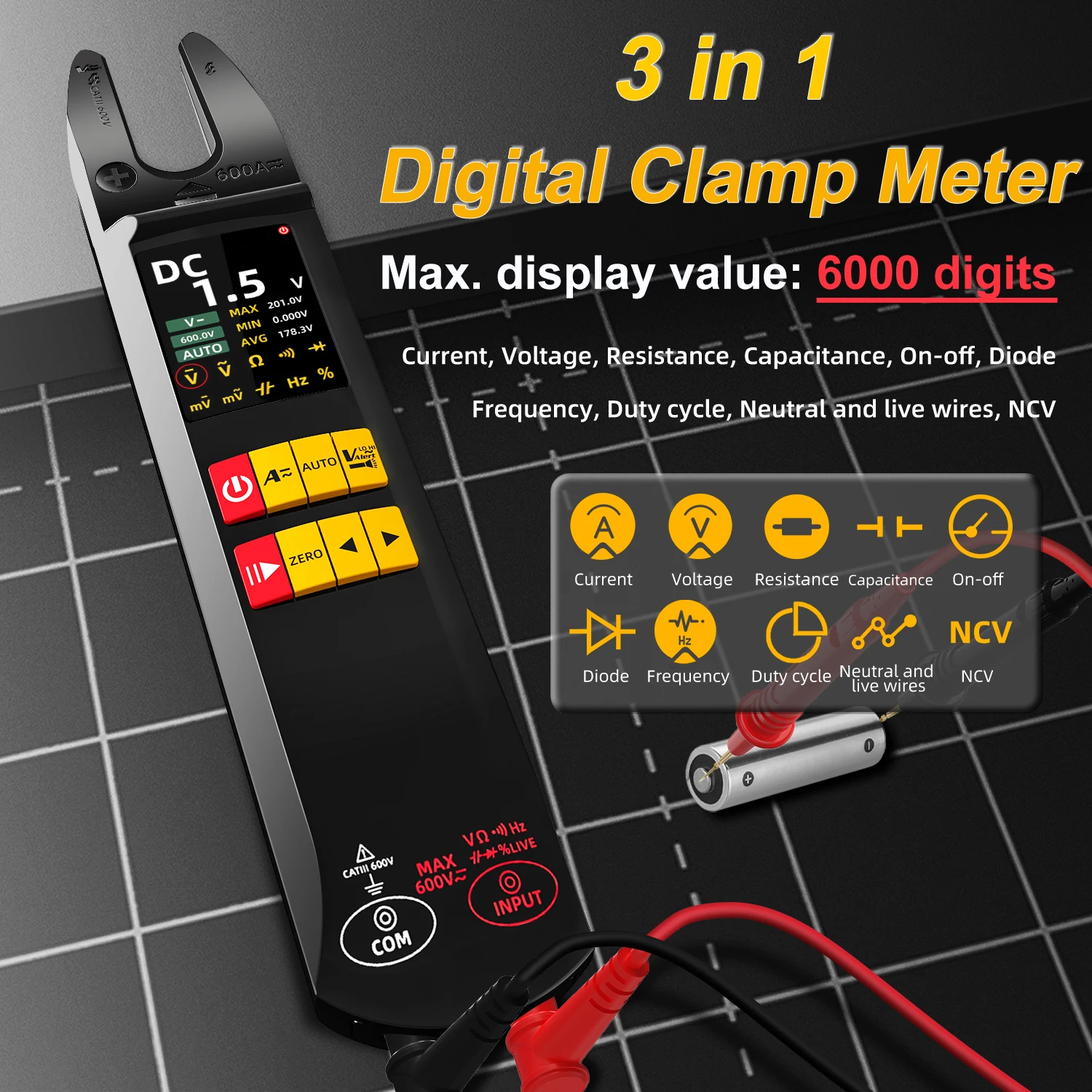 

3 in 1 NEW U5 Digital Current Clamp Meter Rechargeable Display 6000 Clamp Multimeter AC DC 600A AUTO Mode Intelligent Multimeter