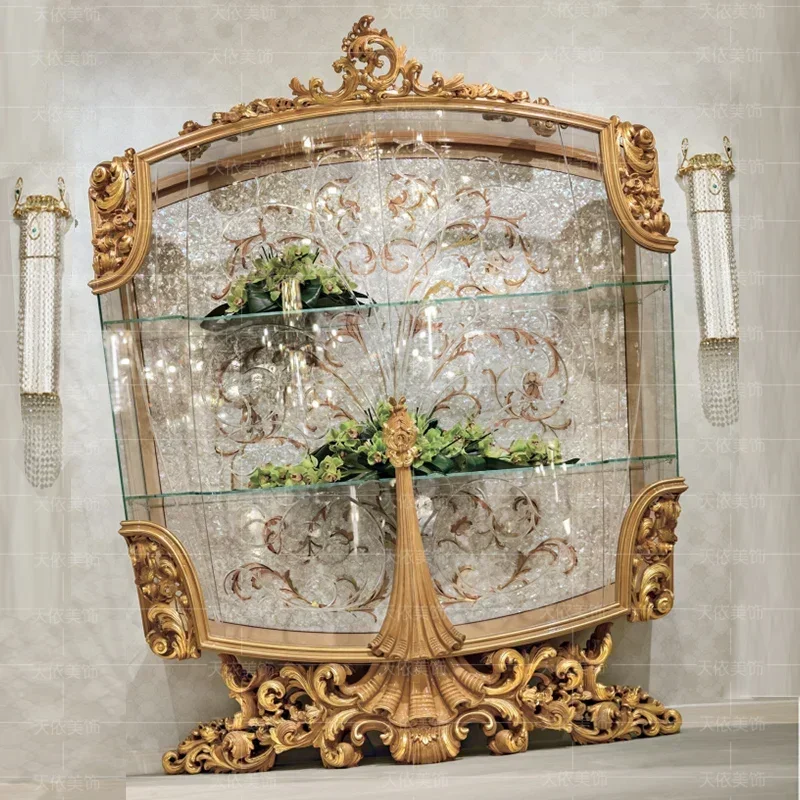Italian luxury table side cabinet solid wood carved veneer shell double door glass display palace wine cabinet