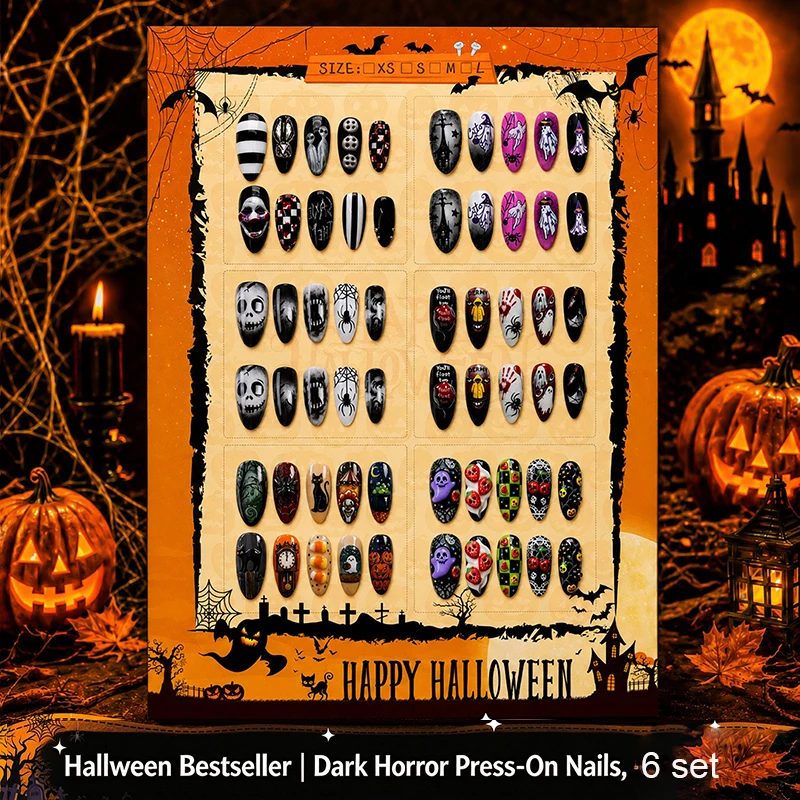 6 Sets Funny Halloween Style Press On Nails Dark Horror Elements and pumpkin,black cat false nails Glossy Almond Party Fake Nail