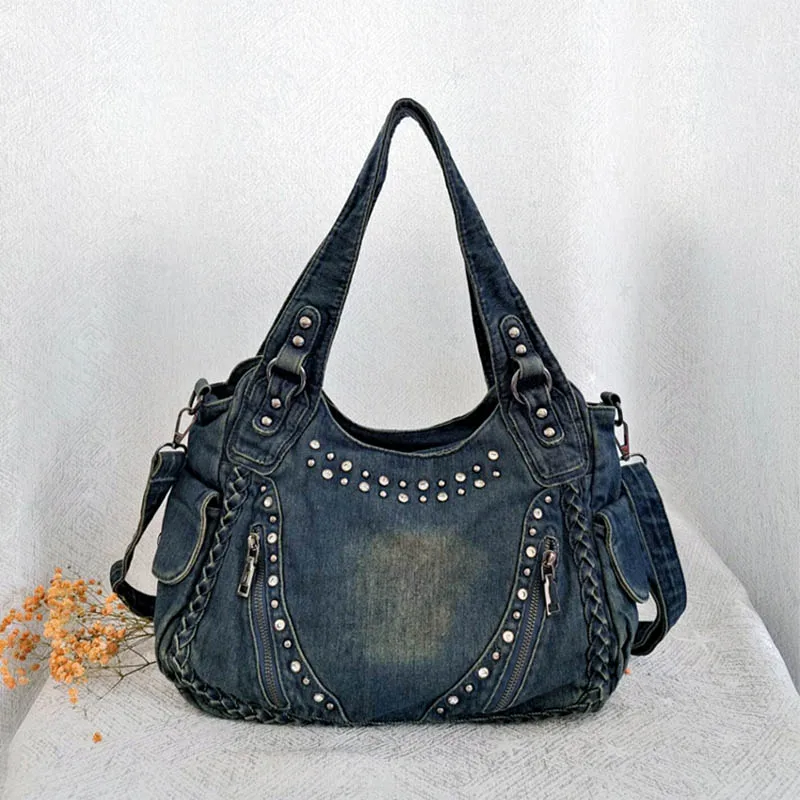 Denim Retro Unisex Grote Capaciteit Klinknagel Meerdere Zakken Handtas Schouder Messenger Crossbody Tas Tas Jean Vrouw Portemonnee