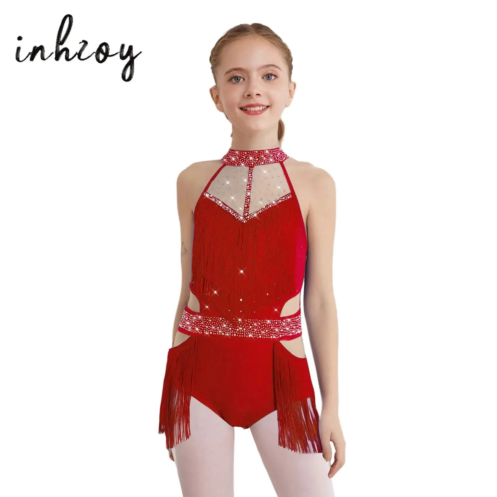 

Kids Girls Tassels Tango Latin Dance Leotard Sleeveless Sheer Mesh Cutout Back Shiny Rhinestones Skirted Bodysuit Jazz Dancewear
