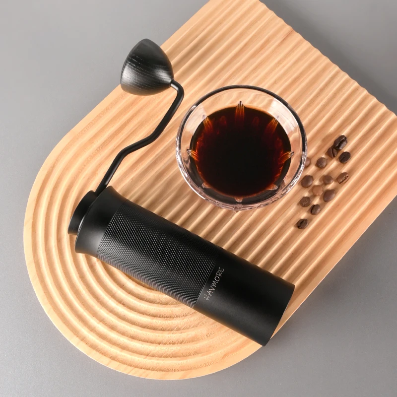 HAVMORE Neue Ankunft Rändelung Textur Sieben-winkel Stahl Kern Einstellbare Schwarz Manuelle Kaffeemühle Hand Grinder