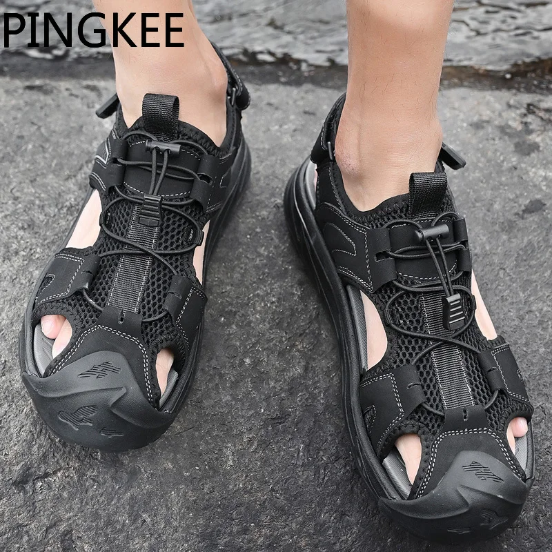 PINGKEE Lace Lock Water Aqua Webbing Lining Toe Bumper Cross Strap Closure Sandals Man Summer Cushion Hiking Sandals For Men