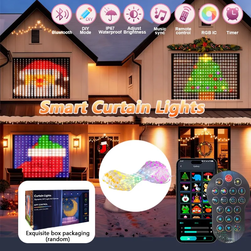 2個入り-スマートカーテンライト-rgbカラーチェンジledストリングライト-音楽同期アプリリモコン付き-パーティー、パティオ、庭の装飾用