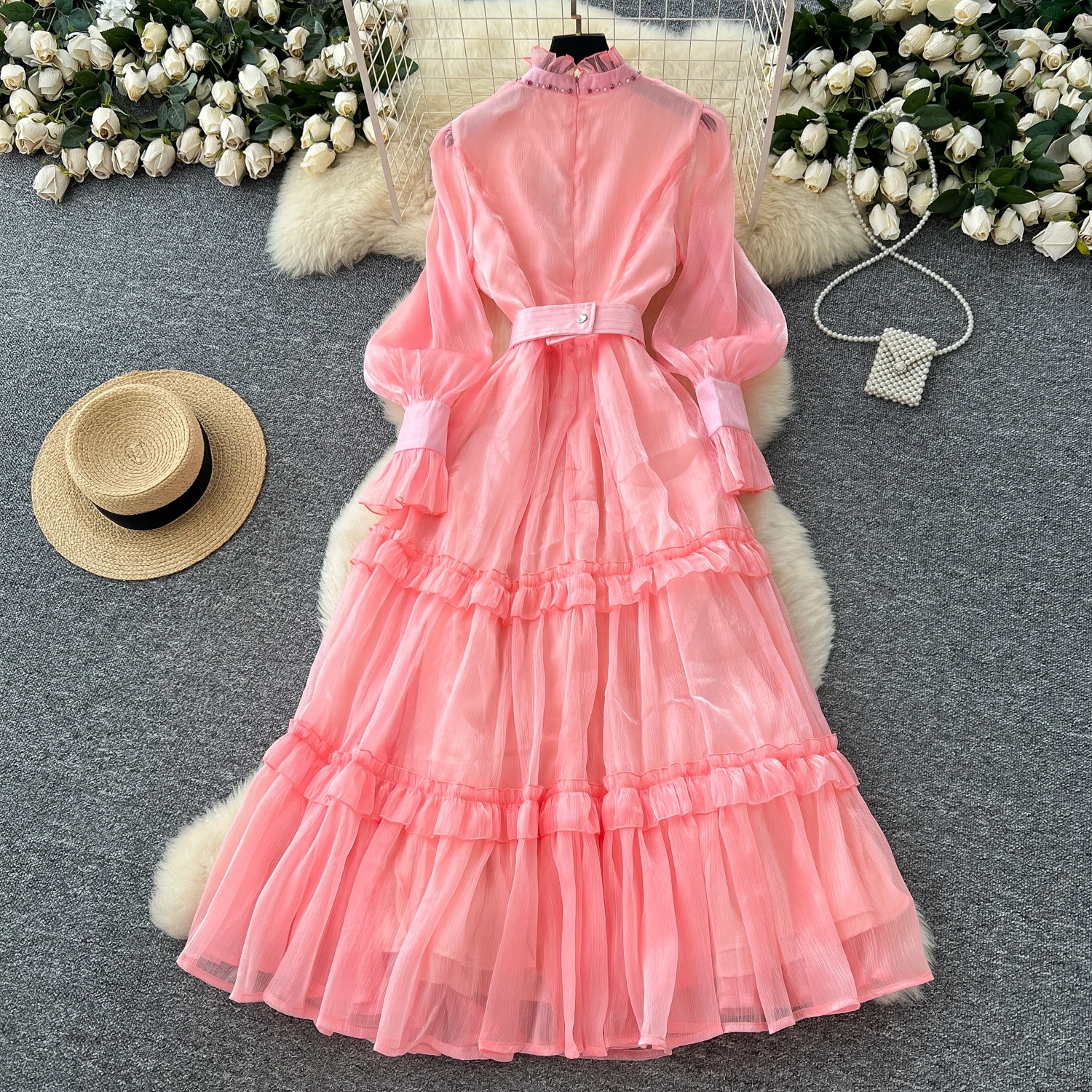 エレガントな夏秋サテン長袖マキシケーキドレス女性フリルクリスタルイブニングドレス妖精甘いクリスタルビーズ Vestido