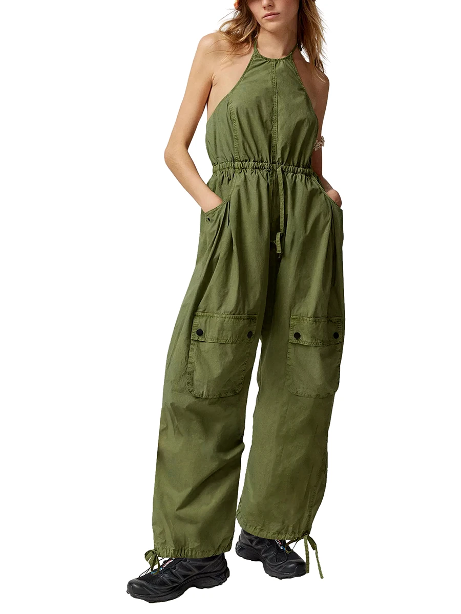 

Women s Summer Halter Jumpsuits Sleeveless Backless Bib Overalls Loose Cargo Pant with Pockets