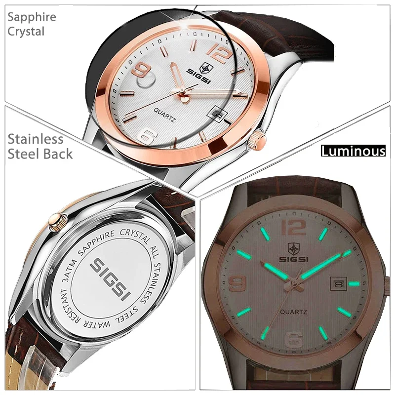 Reloj de Lujo Original para Hombre Correa de Cuero Marrón Zafiro Resistente al Agua Reloj de Manecilla de Cuarzo Reloj de Pulsera Negro para Hombre de Negocios de Primera Marca