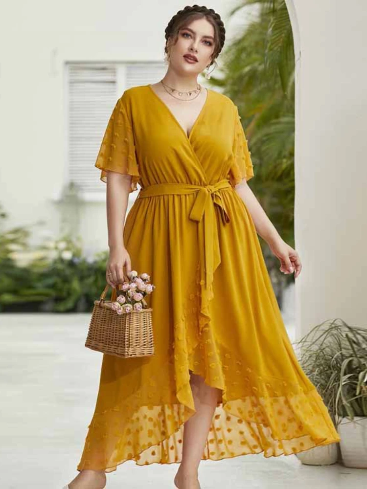 

Plus Size 4XL2024 High Waist Yellow Polka Dot V-neck Lace Up Elastic Waist Printed Dress for Summer Women's Party Loose Robe