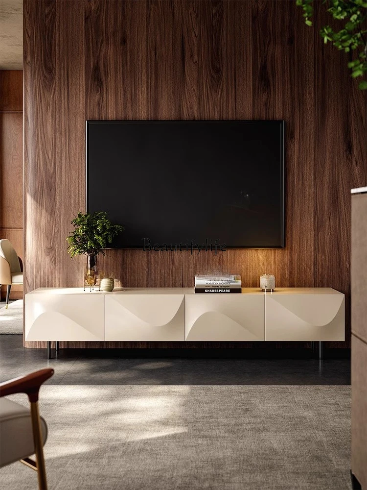 

Italian minimalist TV cabinet light luxury solid wood floor cabinet simple modern household high foot