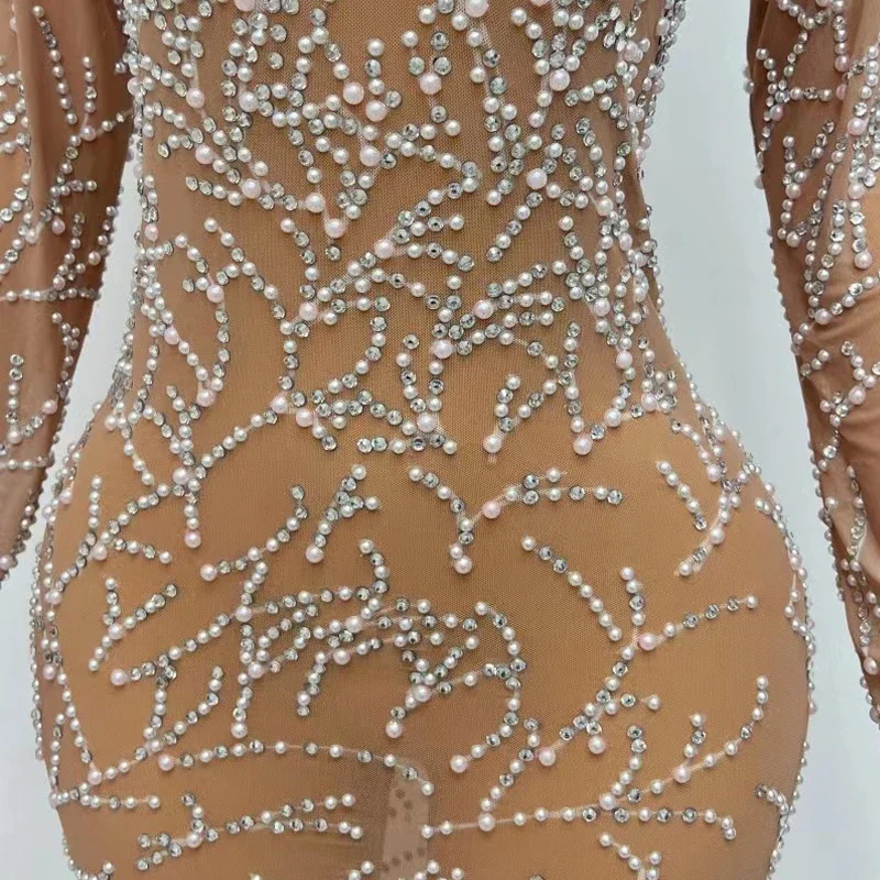 Sexy Perspective Mesh Party Dress Women Pearls Rhinestones Dress Birthday Celebrate Costume Stage Evening Dresses Outfit YY
