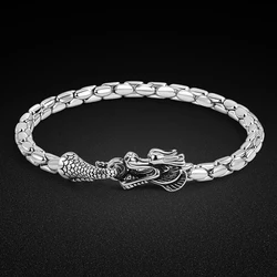 Retro 925 Silver Dragon Lock Bracelet Opening Silver Multilayer Tassel Snake Chain Line Cuff Bracelet Jewelry Festival Gift