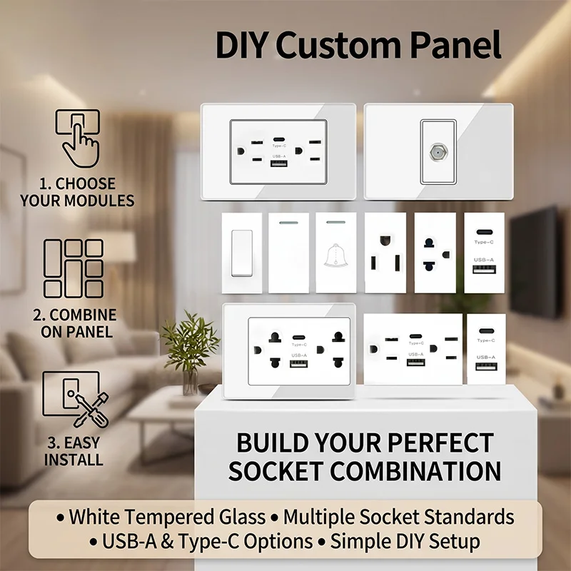 

118mm Tempered Glass DIY Modular Wall Plate 2x4 inch NEMA 5-15R Duplex Outlet, Combination with US/EU/Italy/Chile Socket Modules