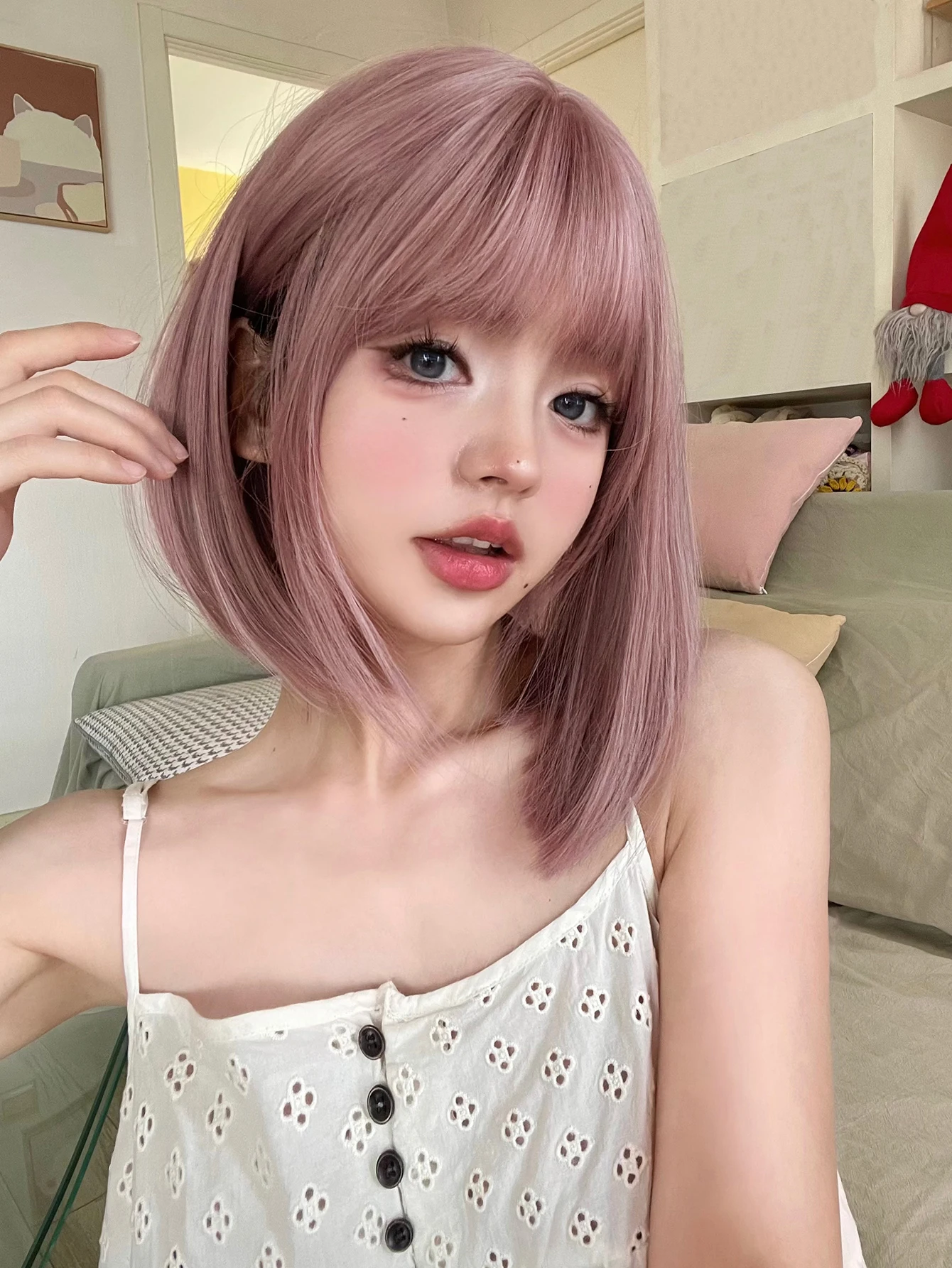 12Inch Ash Purple Color Synthetic Lolita Wig With Bang Short Natural Straight Hair Wig for Women Daily Cosplay Heat Resistant