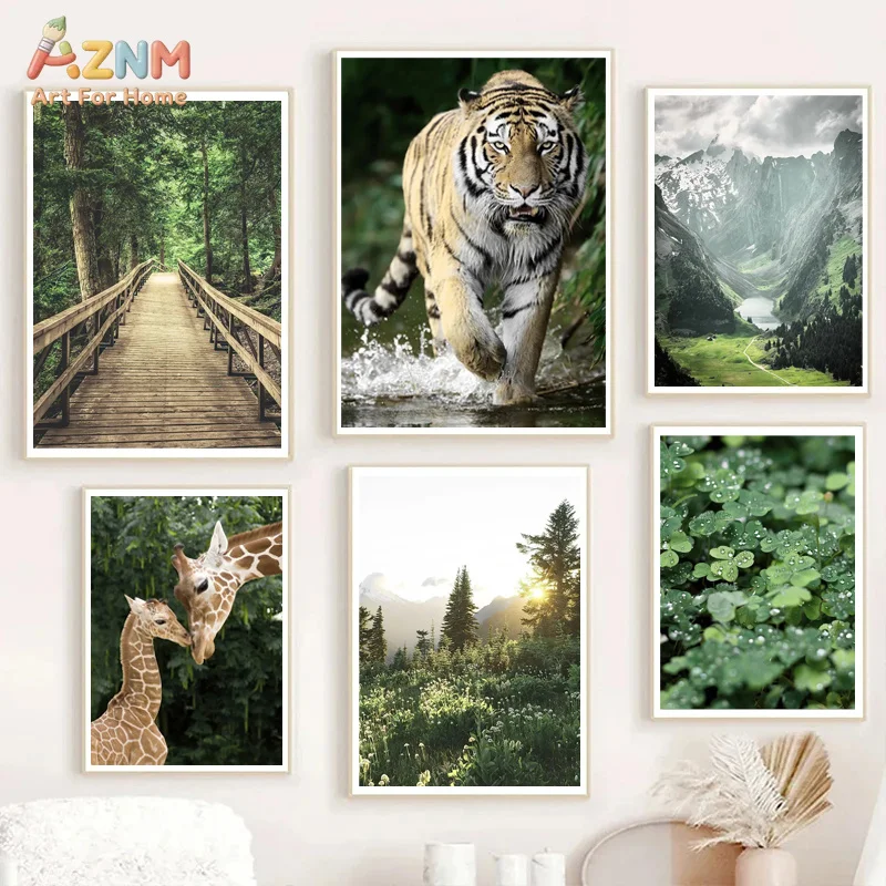AZNM Wild Animal Nature Landscape Canvas Wall Art Print Tiger Giraffe Mountain Forest Clover Green Scenery Farmhouse Decor Poste
