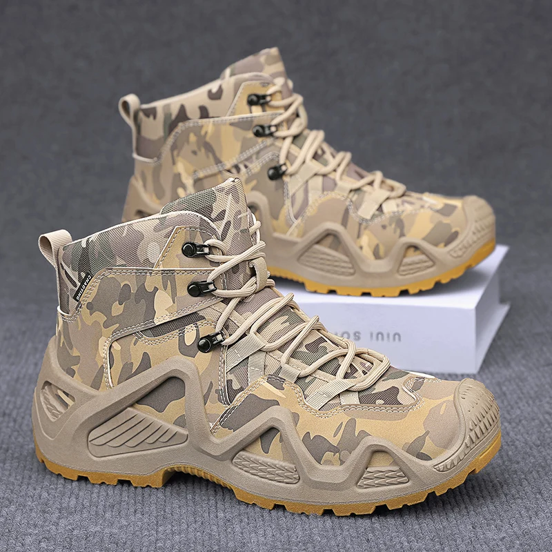 

Мужские высокие тренировочные ботинки 2026: Новые уличные нескользящие повседневные кроссовки на платформе, дизайнерские тактические ботинки-дезерты с камуфляжным принтом