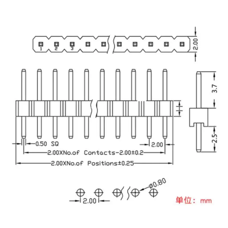 20 Stück 2,0 mm Einreihiger Gerader Stiftleisten-Stecker 1*2P 3P 4P 5P 6P 7P 8P 10P 20P 40P Kupfer – Detail 1