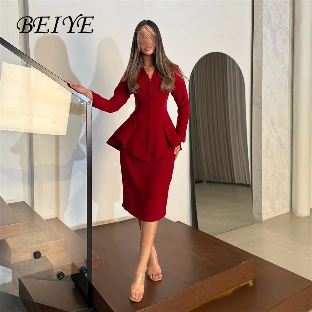 

BEIYE Elegant Red Jacket Sheath Evening Dress Women 2026 Long Sleeves V-Neck Pleat Buttons Party Gown Customized فساتين س