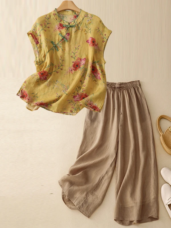 

New Chinese Style Vintage Artistic Loose Wide Leg Pants Set for Middle-Aged And Elderly Women Cotton Linen Button up Top