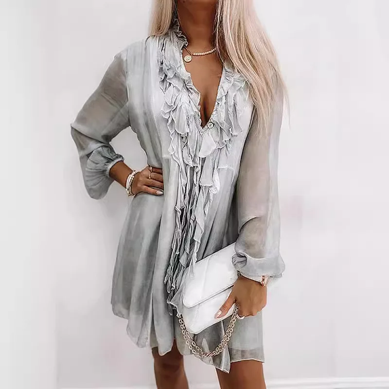 

Women's Fashion Summer Beach Style Dress For Women Ruffles Tassel Tie Up Sexy V-neck Loose Solid Color Long Sleeves Dress Women