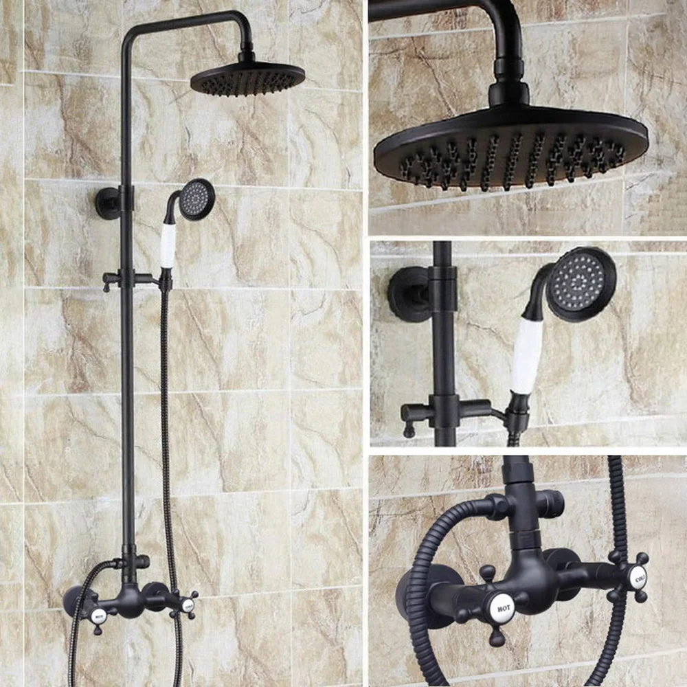 Black Oil Rubbed Brass Dual Cross Handles Bathroom 8 Inch Round Rain Shower Faucet Set Bath Mixer Tap Hand Shower mrs494