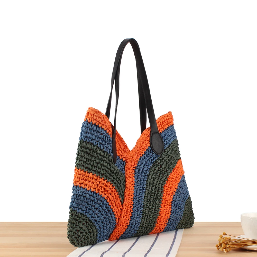 Bolso de paja grande de Color para mujer, bolsa de cesta tejida de papel de retales, bolso de hombro de viaje, bolso de Playa Grande, monederos de compras, nuevo, 2024