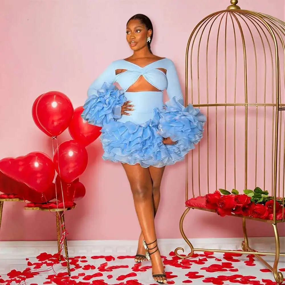 

Cy901590 Dress Party New Style Party New Style Dress Sexy Hollow Out Ruffle Edge Short Skirt Summer Dress Robe Vestido Women